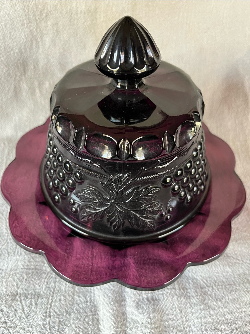 Vintage Mosser Amethyst Glass Covered Butter Dish with Grape design/ Fairy Lamp